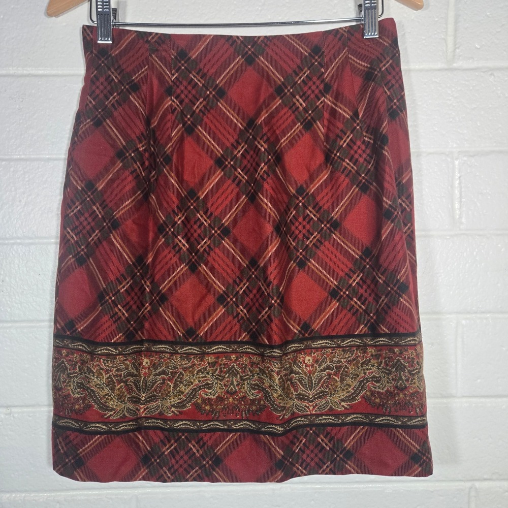 Vtg Breeches Plaid Pencil Skirt 10 Wool Blend Paisley Mixed Print Split Preppy